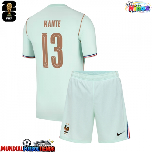 Camiseta Francia Kante #13 Segunda Equipación Replica Mundial 2026 para niños mangas cortas (+ Pantalones cortos)